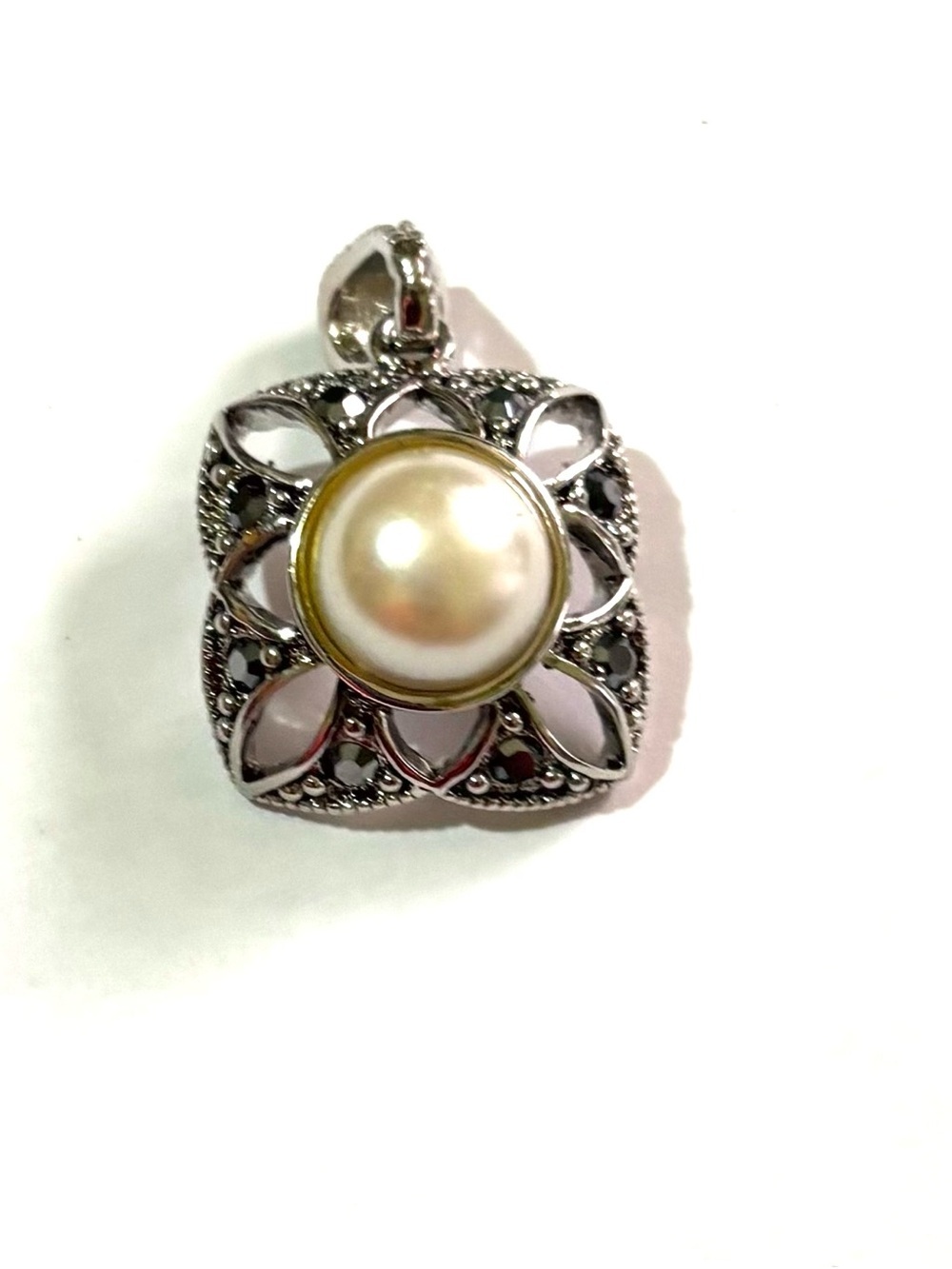Vintage Silver Marcasite Pendant with Cream Pearl